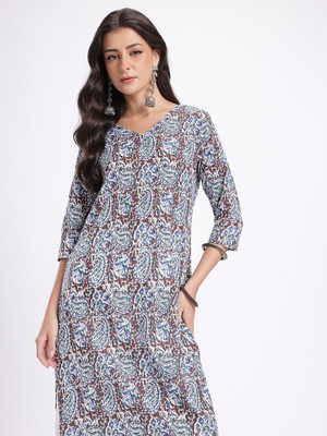 Anouk Rustic Women Paisley Straight Kurta(Brown, Blue)