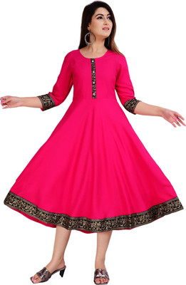 GULJAR FASHION Women Printed, Solid A-line Kurta(Pink)