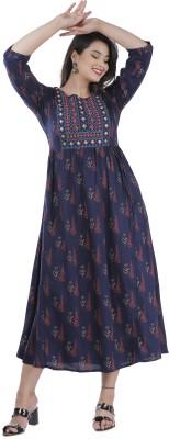 NANAK FEB Women Printed Flared Kurta(Blue)