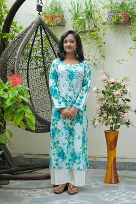 Elegance Hub Women Chikan Embroidery A-line Kurta(Green)