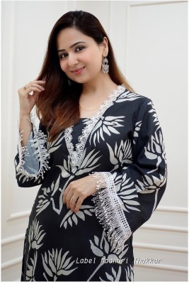 SHlYNO Women Printed Straight Kurta(Black)