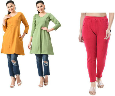 KAVYA Women Solid Straight Kurta(Orange, Green)
