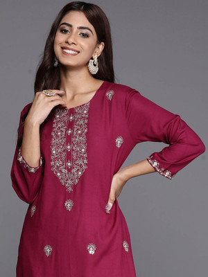 ANOUK Women Self Design A-line Kurta(Purple)
