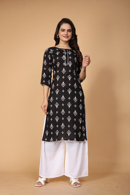 BRESIYAR Women Printed Straight Kurta(Black)