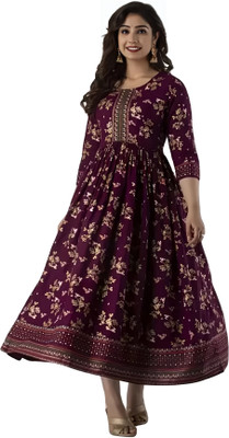 HouseOfCommon Women Printed Anarkali Kurta(Purple)