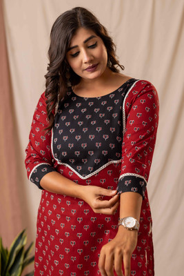 Amthi Women Self Design, Floral Print Straight Kurta(Red)