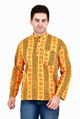 LDHSATI Men Printed Straight Kurta(Yellow)
