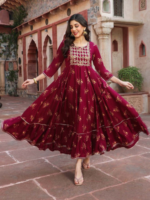 irtiqa Women Printed Anarkali Kurta(Maroon)