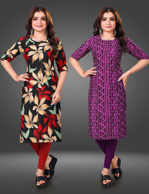 MOBHISA Women Printed Straight Kurta(Purple)