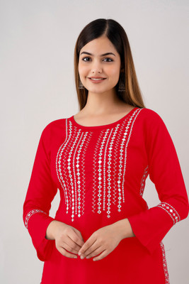 Sehrish Store Women Embroidered Straight Kurta(Red)