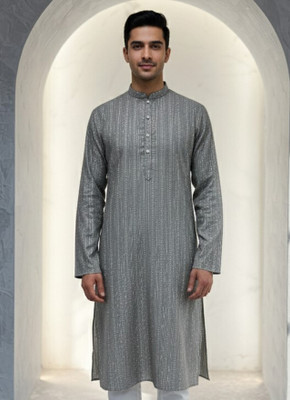 JUGG JUGG JEEYO Men Self Design Straight Kurta(Grey)