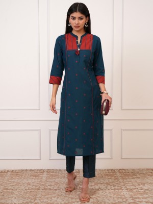 Vishudh Women Printed Straight Kurta(Blue)