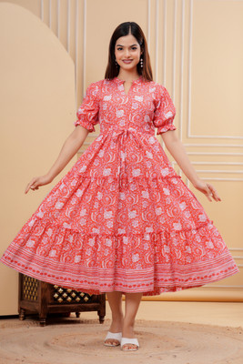 SITAFAB Women Printed Anarkali Kurta(Orange)