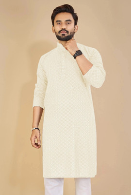 ORIFAB Men Embroidered Straight Kurta(Beige)