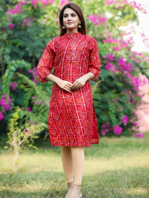 Parth f Women Bandhani A-line Kurta(Red)