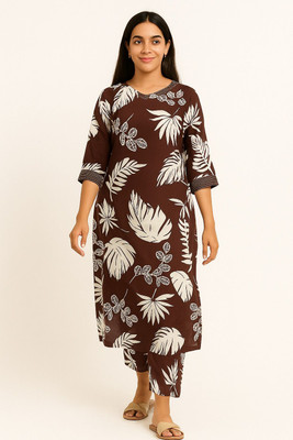 stylegenix Women Floral Print Straight Kurta(Brown, White)