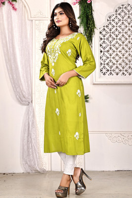 GOKUL TRENDZ Women Chikan Embroidery Straight Kurta(Green)