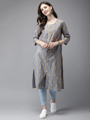Amudee Fashion Women Printed Straight Kurta(Grey, Yellow)