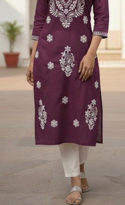 TSQUARE Women Embroidered, Chikan Embroidery, Embellished Straight Kurta(Purple)