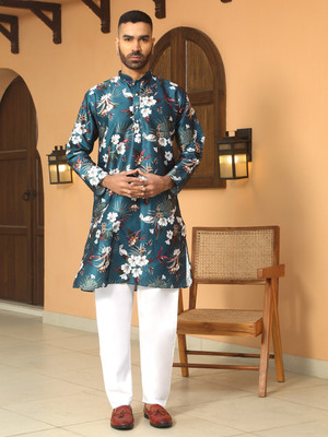 kraft india Men Self Design Straight Kurta(Blue)