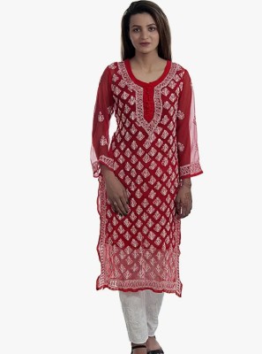 CHIKANKARI BY KK Women Chikan Embroidery Straight Kurta(Black)