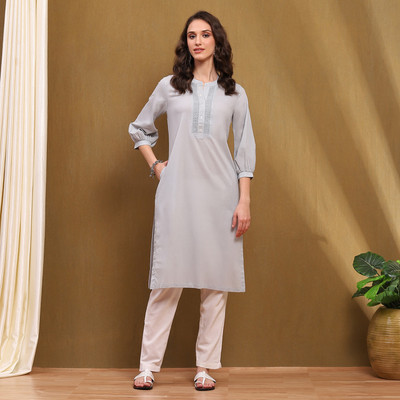BIBA Women Solid Straight Kurta(Grey)