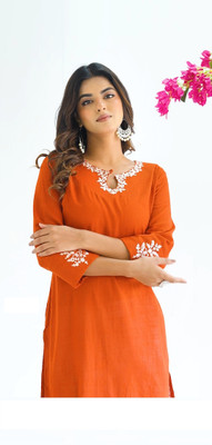 DVARSA Women Embroidered Straight Kurta(Orange)