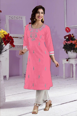 vikshi Women Embroidered Straight Kurta(Pink)