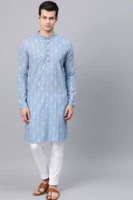 Amudee Fashion Men Printed Straight Kurta(Light Blue, White)