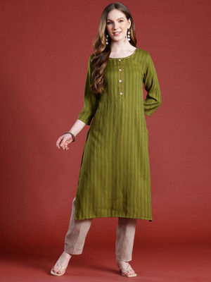 ANOUK Women Striped A-line Kurta(Green)
