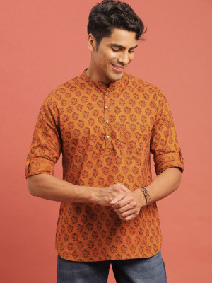 DIMMY Men Printed A-line Kurta(Orange)