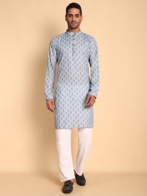 Vardha Men Geometric Print Trail Cut Kurta(Blue)