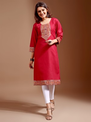 FLORIVO Women Self Design Straight Kurta(Maroon)