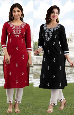 vikshi Women Chikan Embroidery A-line Kurta(Multicolor)