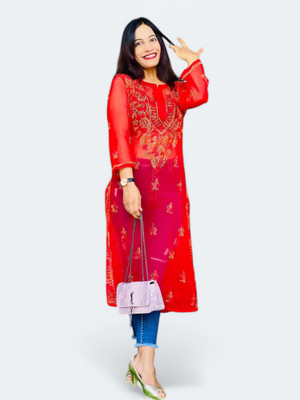 Neelam Chikan Women Chikan Embroidery Straight Kurta(Red, Multicolor)