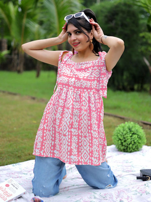 Youthnic Women Printed A-line Kurta(Pink, White)