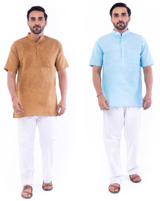 DESHBANDHU DBK Men Solid Straight Kurta(Light Blue, Brown)