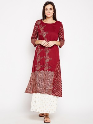 Be Indi Women Floral Print A-line Kurta(Maroon)