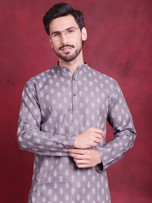 Jompers Men Printed Straight Kurta(Grey)