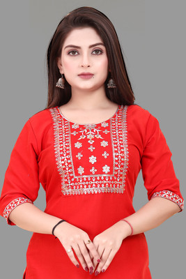 ANITA LYCRA Women Embroidered A-line Kurta(Red)
