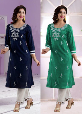vikshi Women Chikan Embroidery Straight Kurta(Multicolor)