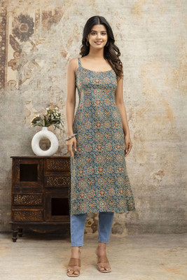 Label Adrija Women Floral Print A-line Kurta(Green)