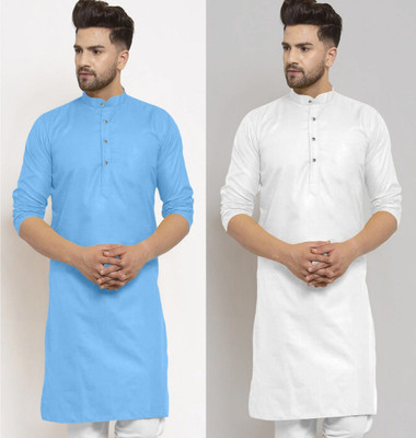 JENJEE FASHION Men Embroidered, Solid Straight Kurta(Light Blue, White)