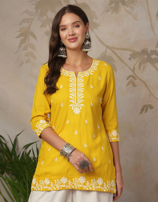 Uparna Women Embroidered Straight Kurta(Yellow)