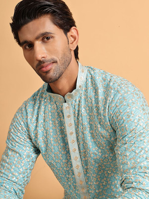 Jompers Men Embroidered Straight Kurta(Light Blue)