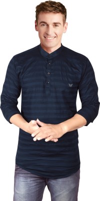 JUST BLACK Men Solid Straight Kurta(Dark Blue)