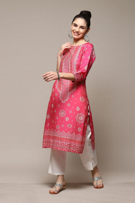 BIBA Women Printed Straight Kurta(Pink)
