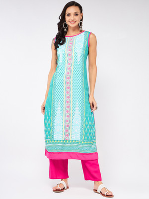 PANNKH Women Printed Straight Kurta(Pink, White, Light Blue)