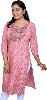 Leher Clothing Women Bandhani, Embroidered A-line Kurta(Pink)