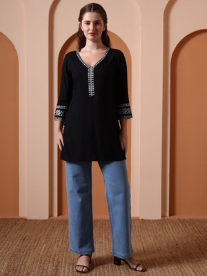Yash Gallery Women Embroidered Straight Kurta(Black)